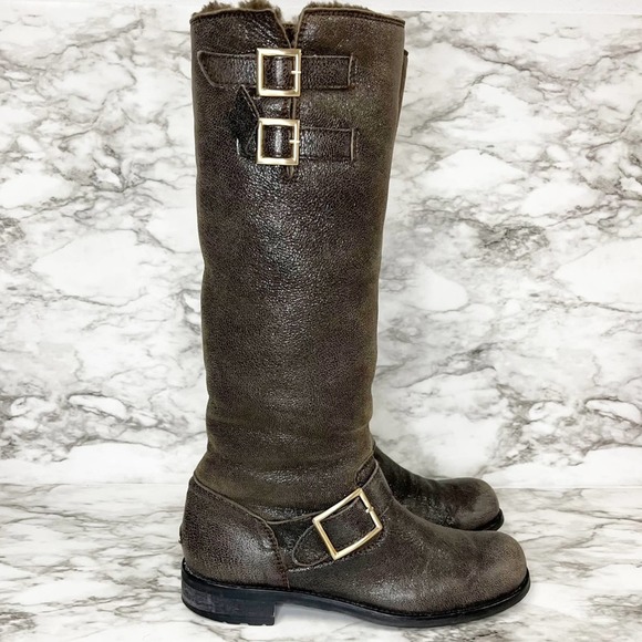 Jimmy Choo Shoes - Jimmy Choo Boots Shimmer Shiny Shearling Moto Knee High Boots